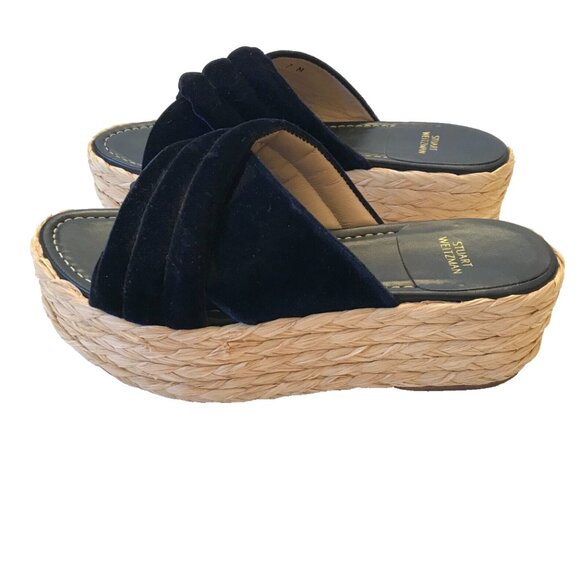Stuart Weitzman Pufftopraffia Wedge Espadrille Sandals Womens 7 Navy Blue Velvet - Picture 3 of 11